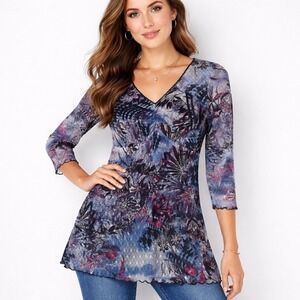 Style & Co Floral Mesh Top Women L Blue Purple Sheer V Neck Tunic 3/4 Sleeve